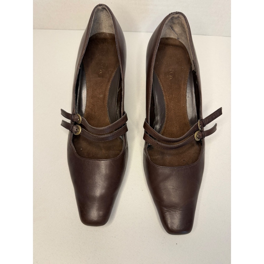 G H Bass Brown Leather Mary Jane Double‎ Strap Square Toe Kitten Heels Womens 9M